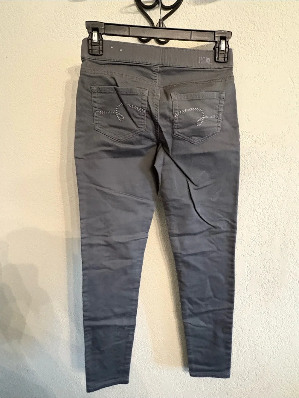 Girl’s Vintage Justice Gray Stretch Jeggings with Rhinestone Hem Detail, Sz. 12